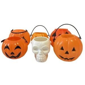 Vintage Halloween Jackolantern Pumpkin Skull Mini Candy Buckets Pail‎ Blow Mold